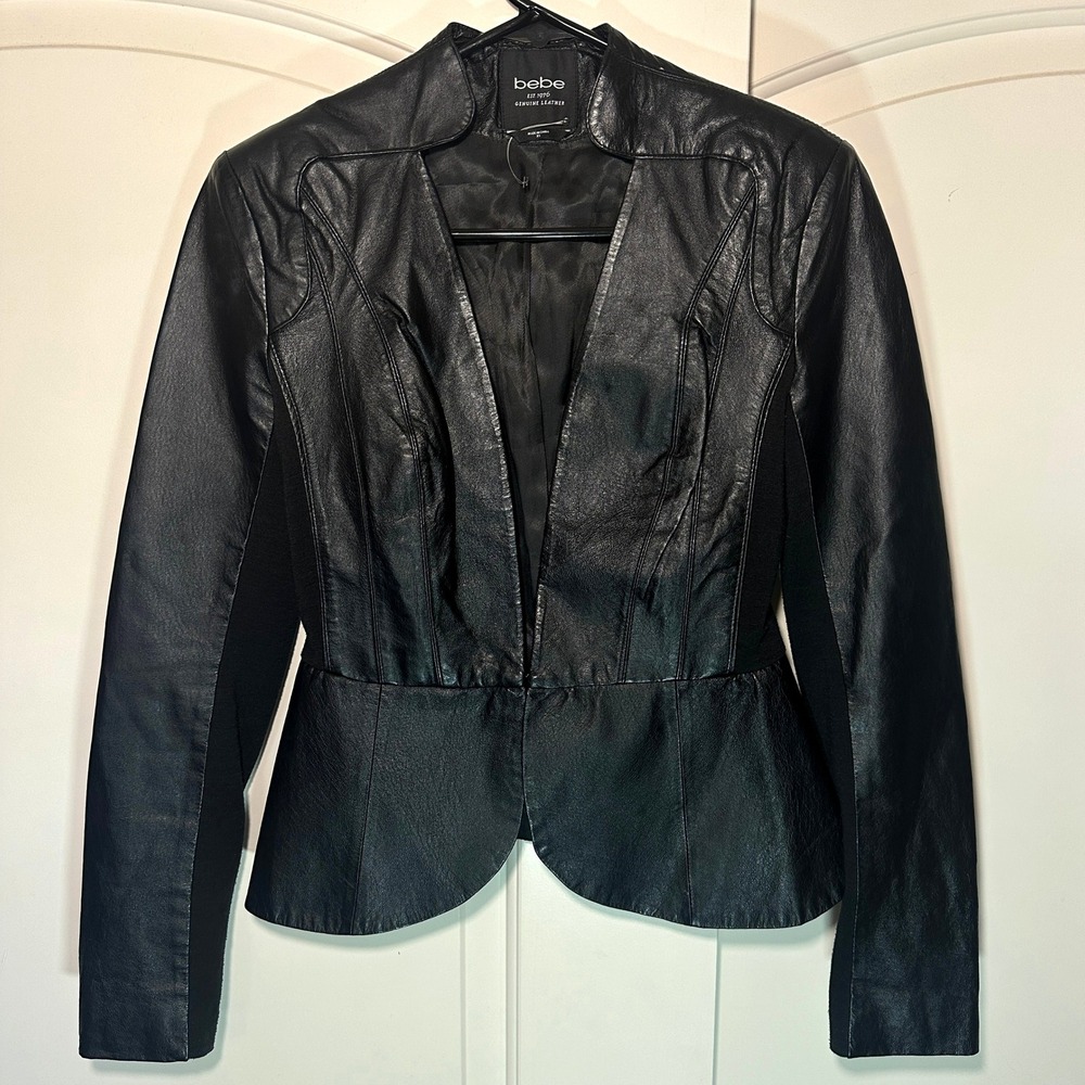 Bebe Black Genuine Leather Blazer Jacket Womens XS Moto Retro Biker Grunge‎ Y2K